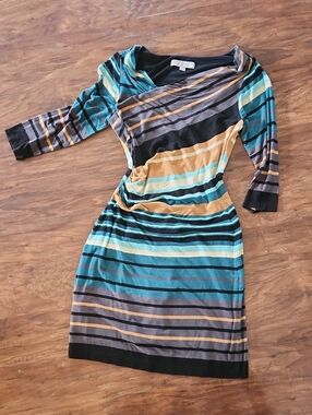 LOFT Striped Teal, Mustard, Black and Gray Long Sleeve Dress